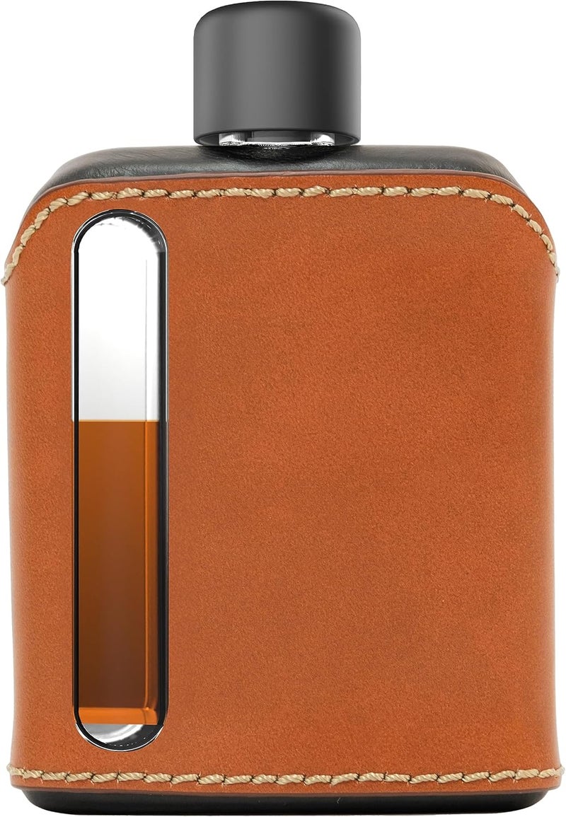 Ragproper Modern Glass Hip Flask - Durable Leather Covered Flask for Whiskey, Spirits, & Other Liquor - Ideal Glass Flask for Men & Women (Single Shot 100ml, Leather, Black & Tan) - Image 1